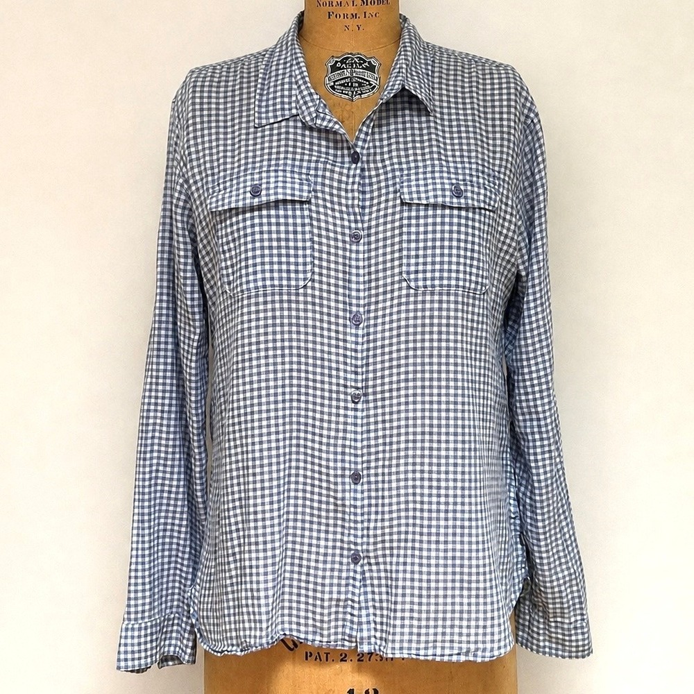 Toad&Co Gingham Button Down Shirt L Blue White Organic Cotton Long Sleeve